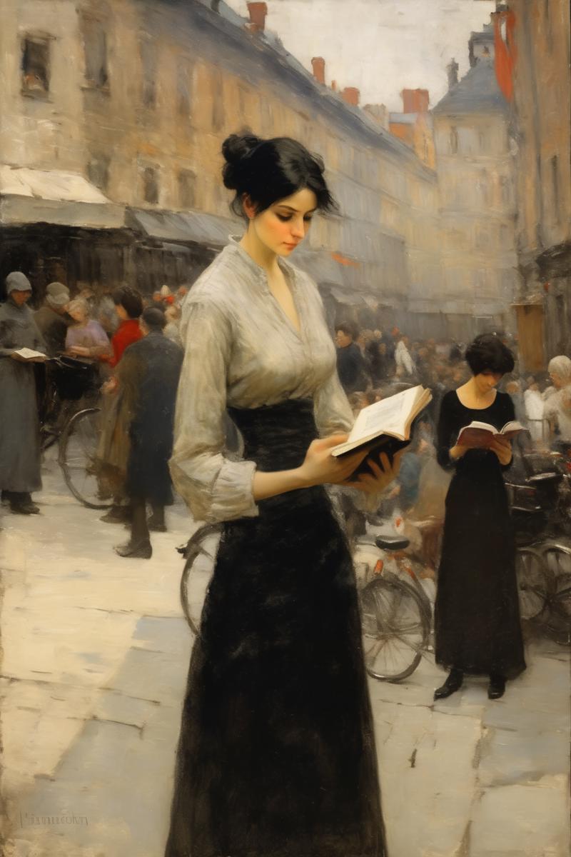 00336-1178145294-_lora_Theodore Robinson Style_1_Theodore Robinson Style - ，A modern woman is in the middle of the picture, reading a book. with.png